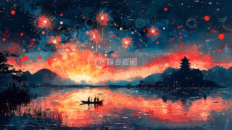 高清大图下载【趣麦麦图】梦幻星空烟火湖景