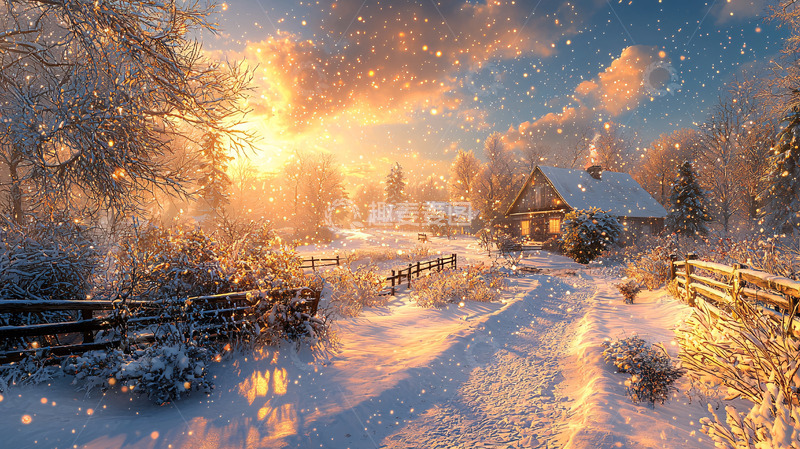 高清大图下载【趣麦麦图】冬日雪景村庄日落