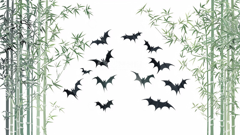 高清大图下载【趣麦麦图】水墨竹林蝙蝠