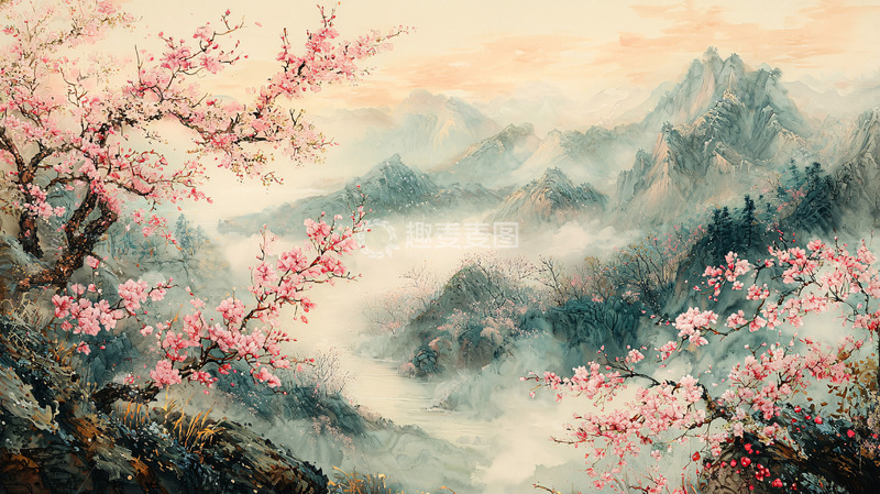 高清大图下载【趣麦麦图】水墨山水桃花意境朦胧