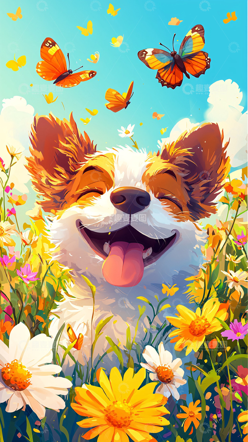 高清大图下载【趣麦麦图】快乐小狗鲜花蝴蝶