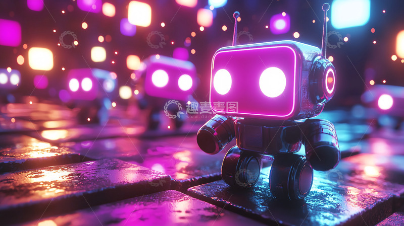 高清大图下载【趣麦麦图】霓虹灯下的可爱机器人