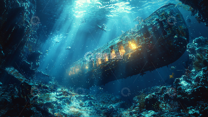 高清大图下载【趣麦麦图】深海沉船光线透射