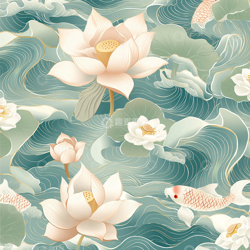高清大图下载【趣麦麦图】水墨荷花鲤鱼图