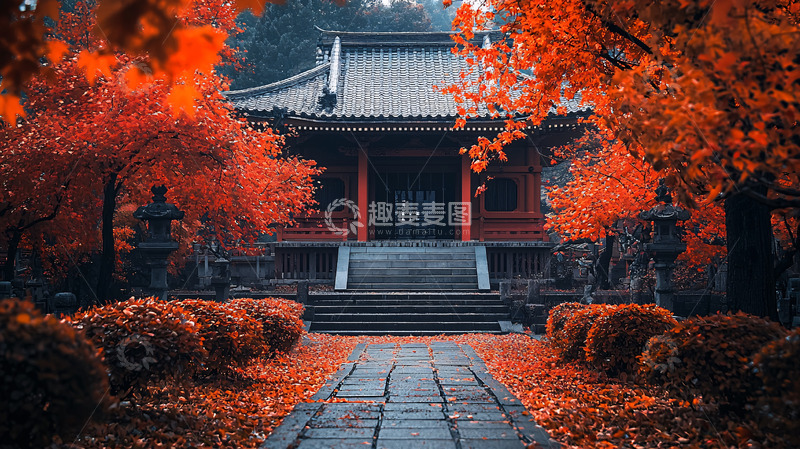 高清大图下载【趣麦麦图】秋日红叶古寺