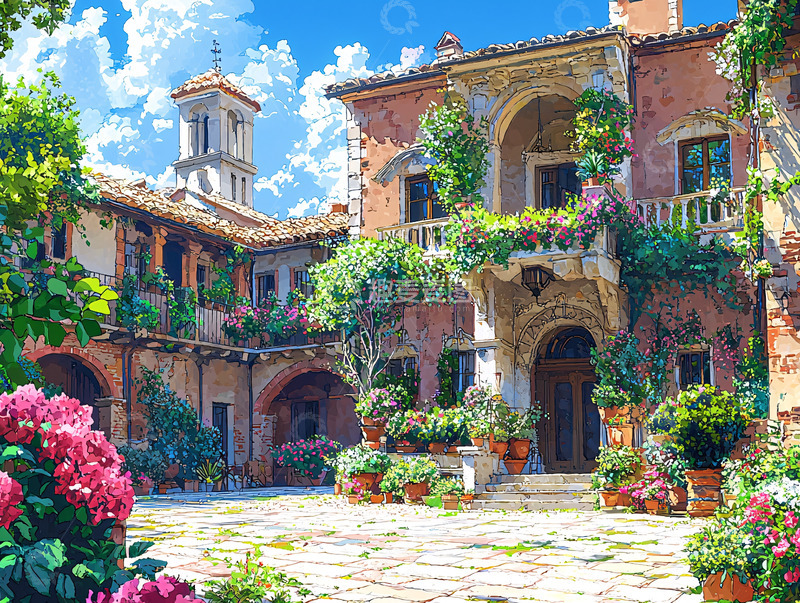 高清大图下载【趣麦麦图】阳光下的意大利风格庭院