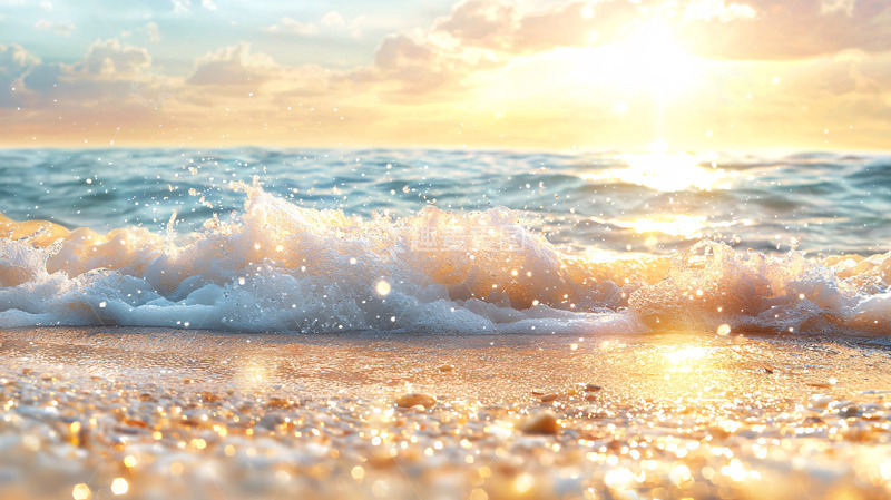 高清大图下载【趣麦麦图】海浪拍打沙滩的日落景色
