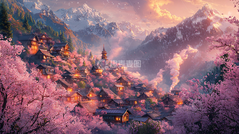高清大图下载【趣麦麦图】山间樱花盛开的村庄