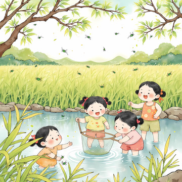 立夏田野小女孩治愈插画