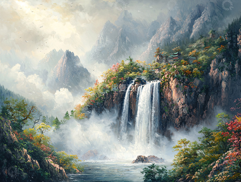 高清大图下载【趣麦麦图】山间瀑布仙境图
