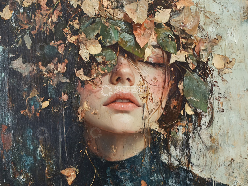 高清大图下载【趣麦麦图】落叶掩盖面容的女子