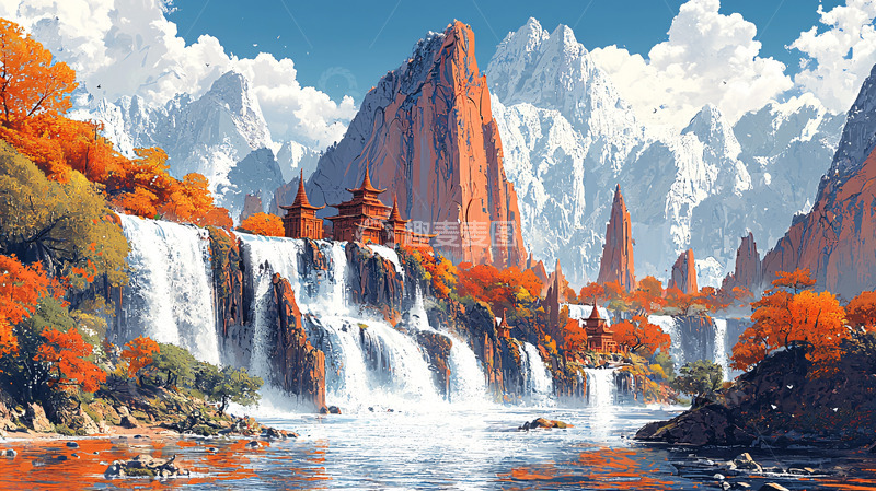 高清大图下载【趣麦麦图】秋季雪山瀑布古建筑