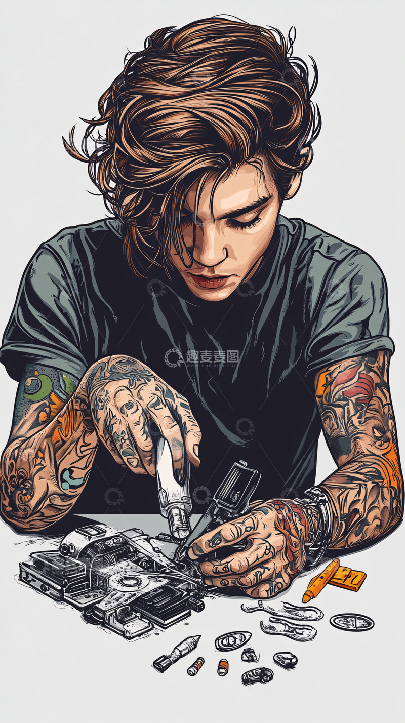 高清大图下载【趣麦麦图】纹身男专注修理机械