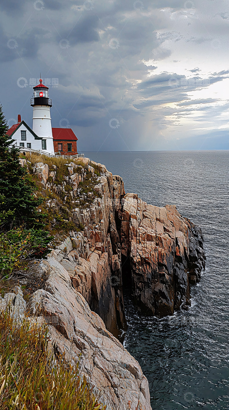 高清大图下载【趣麦麦图】海边悬崖上的白色灯塔