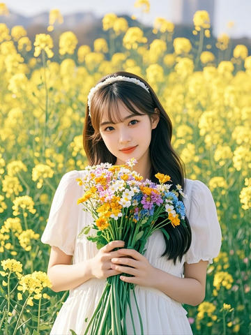 油菜花田的少女