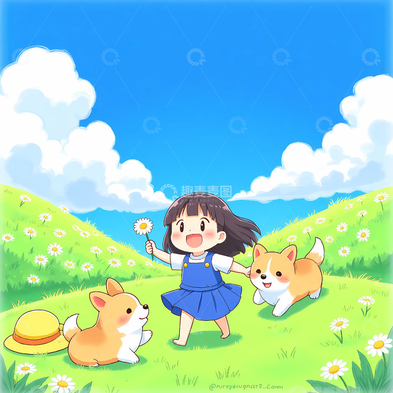 春季女孩开心踏青郊游插画2