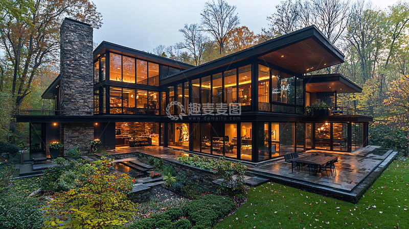 高清大图下载【趣麦麦图】现代风格黑色别墅夜景