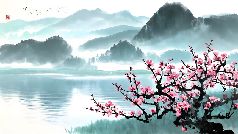 高清大图下载【趣麦麦图】水墨风春日湖景图片2