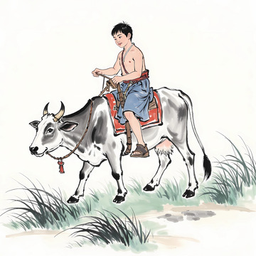 春季水墨牧童插画素材