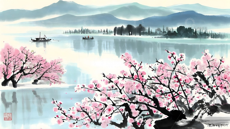 高清大图下载【趣麦麦图】水墨风春日湖景图片1