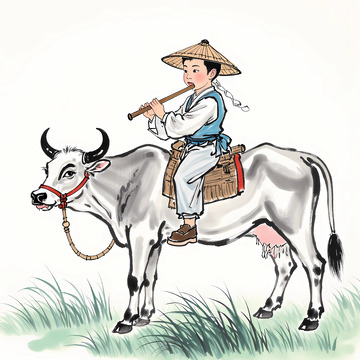 清明水墨牧童插画素材