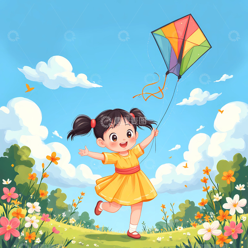 春季女孩开心踏青郊游插画