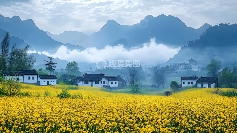 高清大图下载【趣麦麦图】村庄山间云雾缭绕的油菜花田2