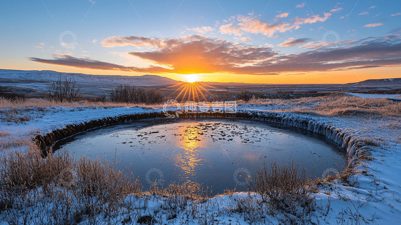 高清大图下载【趣麦麦图】日出雪景水塘