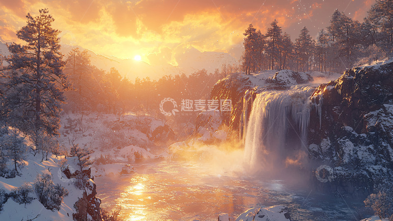 高清大图下载【趣麦麦图】冬季日落瀑布