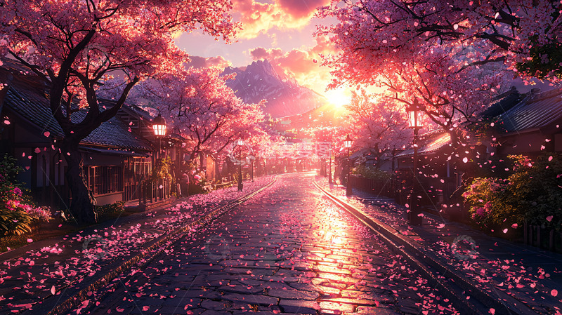 高清大图下载【趣麦麦图】樱花街道落日余晖