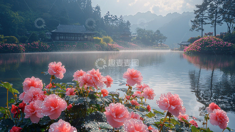 高清大图下载【趣麦麦图】雾气弥漫的湖边粉色花朵