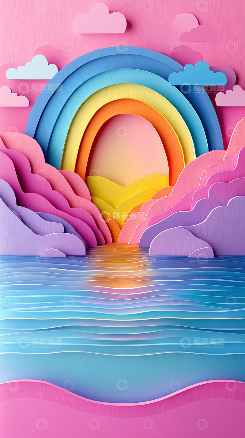 高清大图下载【趣麦麦图】彩色纸艺彩虹风景