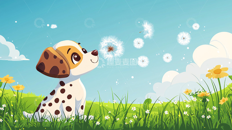 高清大图下载【趣麦麦图】可爱小狗吹蒲公英