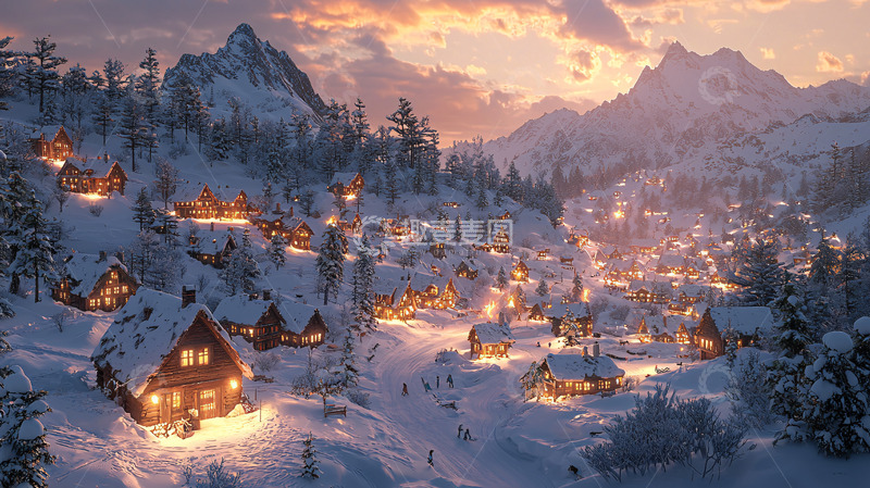 高清大图下载【趣麦麦图】雪山小镇夜景