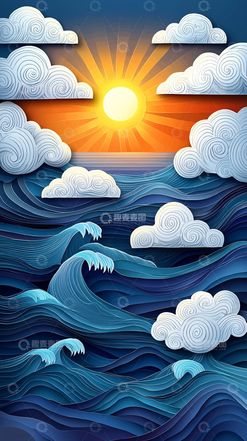 高清大图下载【趣麦麦图】日落海浪卷纸艺术
