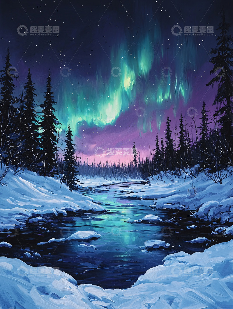 高清大图下载【趣麦麦图】极光下的冬日雪景河流