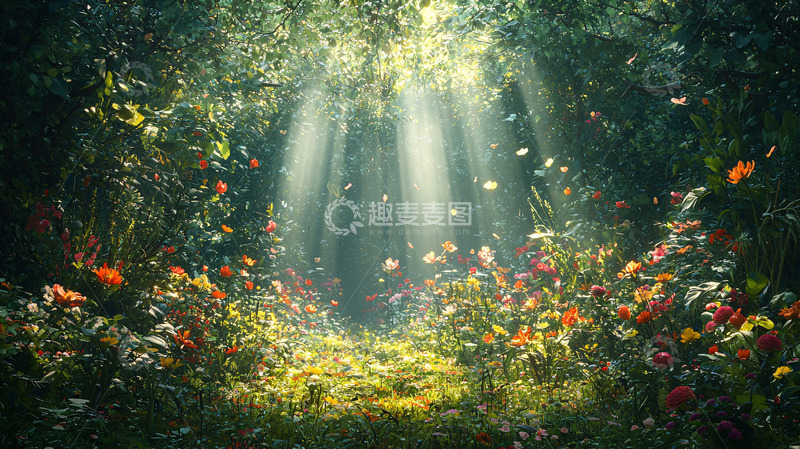 高清大图下载【趣麦麦图】梦幻森林光线穿过花丛