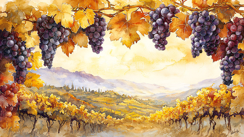 高清大图下载【趣麦麦图】秋日葡萄园水彩画