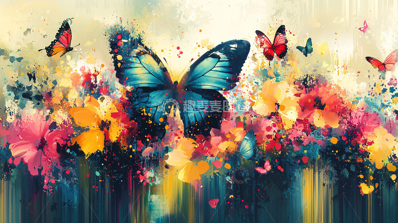 高清大图下载【趣麦麦图】彩绘蝴蝶花卉背景图