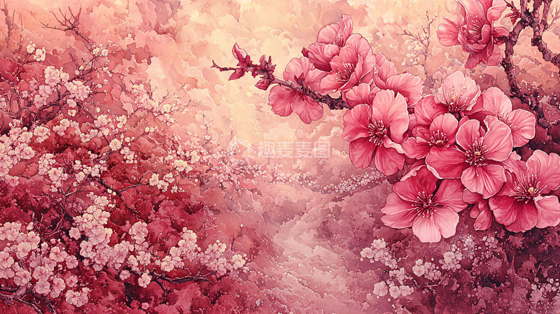 高清大图下载【趣麦麦图】粉红色桃花水彩画