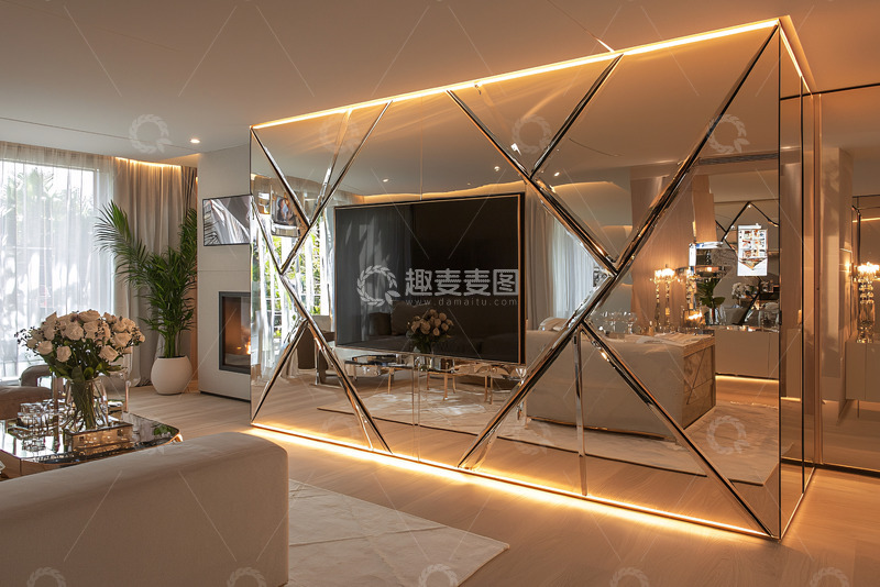 高清大图下载【趣麦麦图】现代轻奢客厅隔断镜面墙