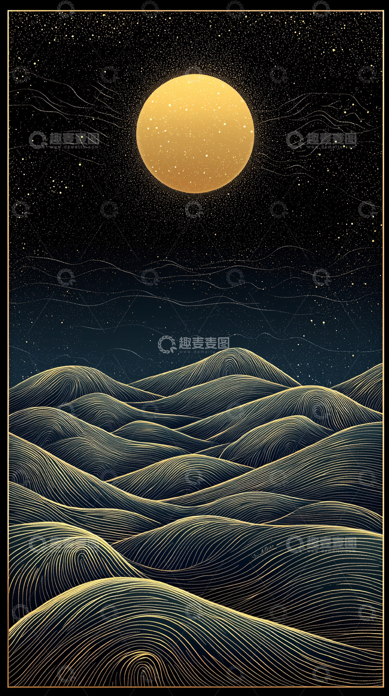 高清大图下载【趣麦麦图】金色月亮下的波浪山丘