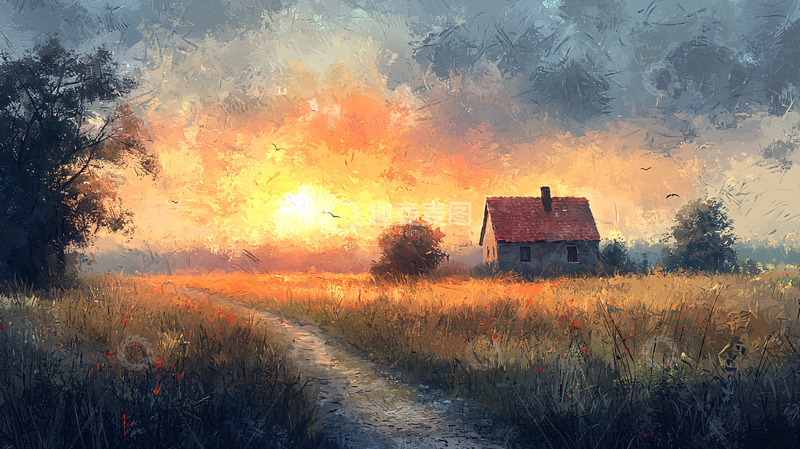 高清大图下载【趣麦麦图】夕阳下的田园小屋