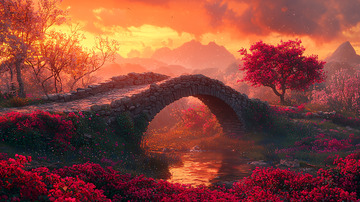 夕阳红枫石桥山峦