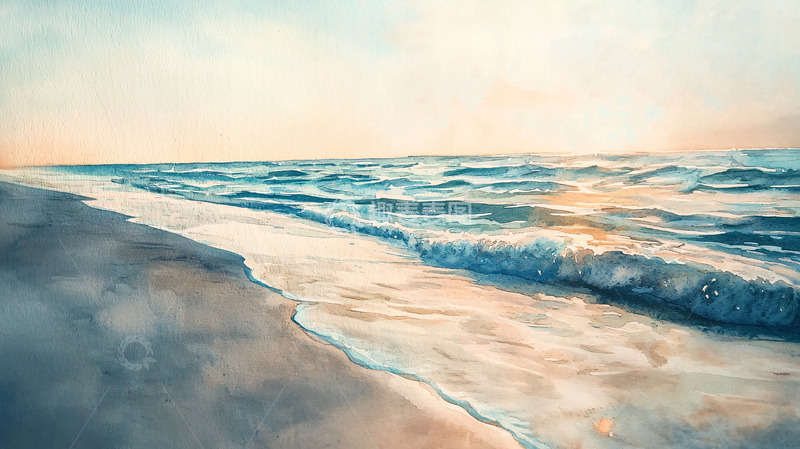 高清大图下载【趣麦麦图】平静海滩日落水彩画