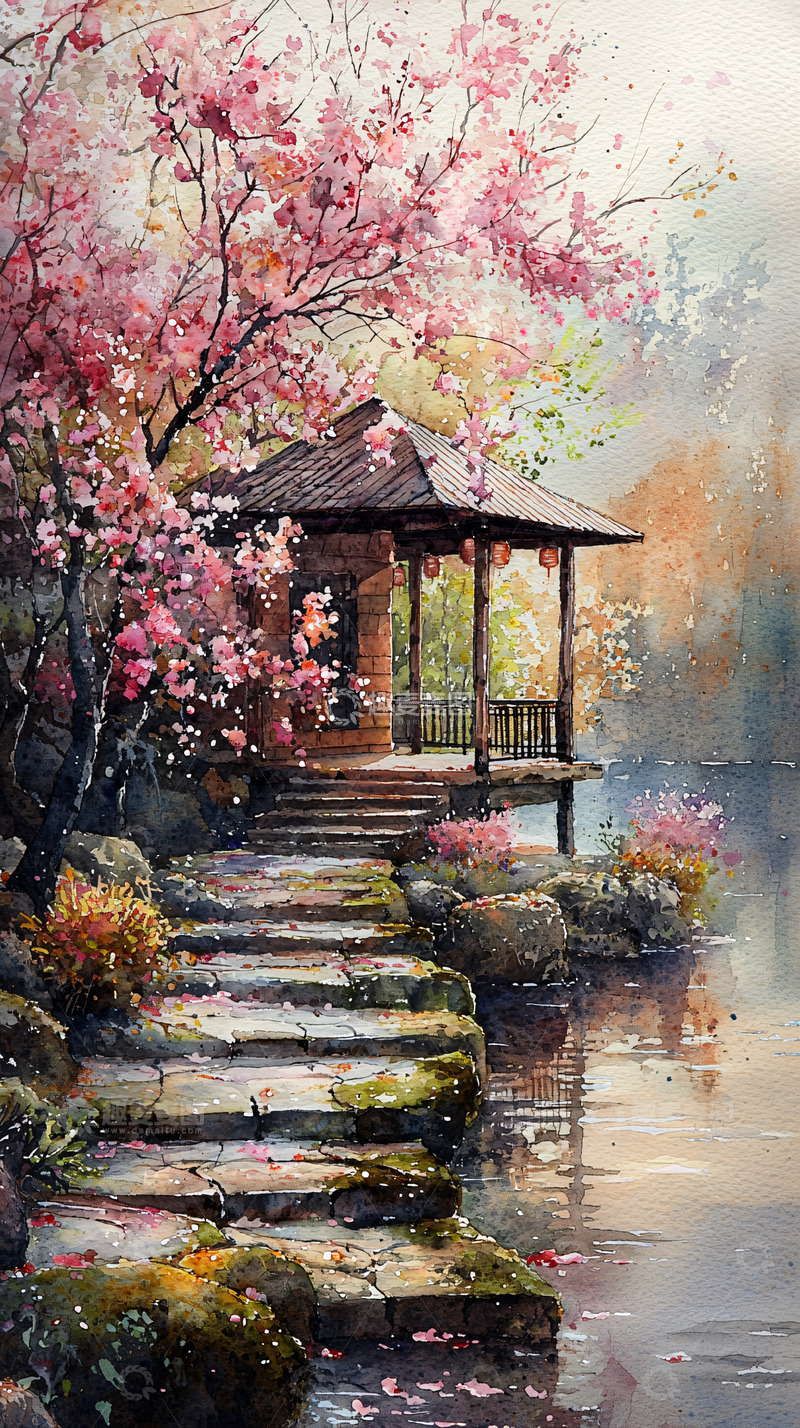 高清大图下载【趣麦麦图】水彩亭台和盛开的樱花