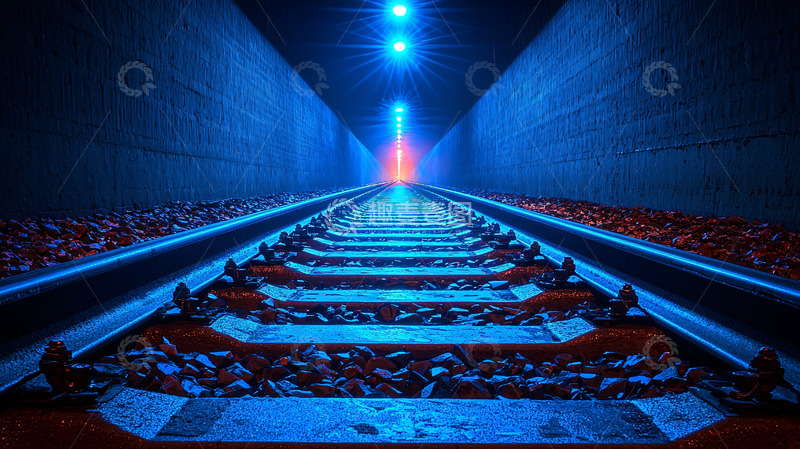 高清大图下载【趣麦麦图】蓝色灯光下的铁轨隧道