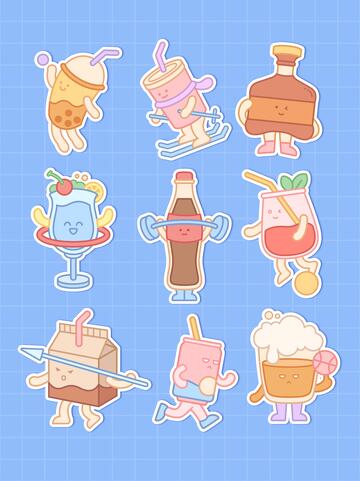 运动的饮料拟人卡通插画手账贴纸