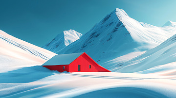 红色小屋雪山背景