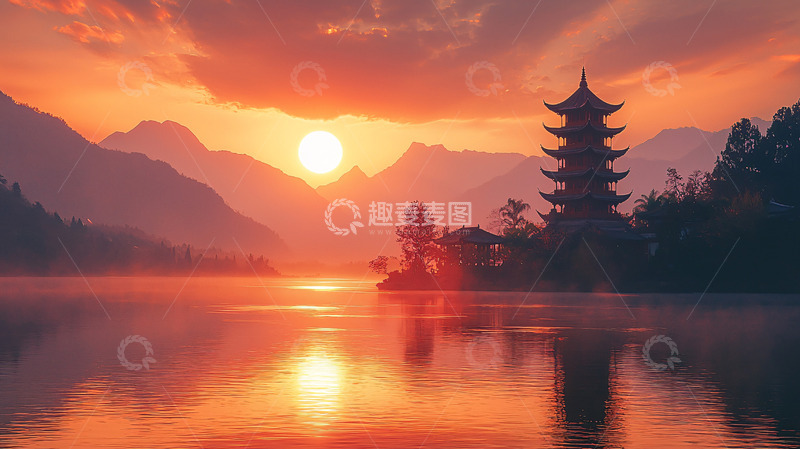 高清大图下载【趣麦麦图】日出山景塔影湖光